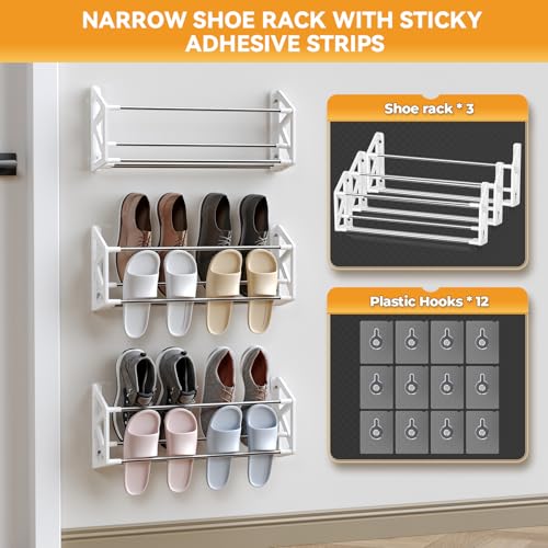 Hanging Shoe Rack,3 Pack Wall Mounted Shoe Rack with Adhesive Slim Shoe Shelf Hanging Organizer Holds 12 Pairs of Shoes Space Saving for RV Camper Entryway White