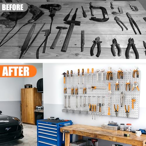 TORACK Garage Tools Organizer Boards Kit with Hooks, Modular Wall-Mounted Tool Storage Pegboard for Workbench(Gray, 4 Panels with Hooks)