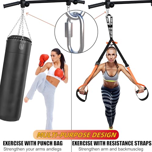 Ceiling Mount Pull Up Bar - 800 LBS Heavy Duty Adjustable Height Chin Up Bar with Ball Grips & TRX Anchors, Multi-Grip Overhead Workout Station for Garage, Basement & Home Gym