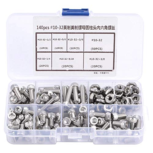 Garosa 140pcs Stainless Steel Hex Socket Head Bolts #10-32 Hex Screw Assortment Kit 6 Different Sizes with Storage Case