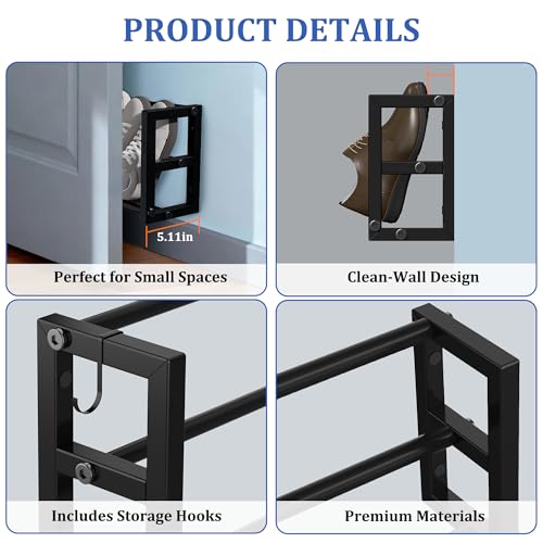 2 Pack Narrow Wall Mounted Shoe Rack for Small Spaces, Hanging Shoe Rack Holds 8 Pairs, 17"-30"Adjustable Heavy Duty Wall Shoe Storage with 4 Storage Hooks,Space Saving for Closet Entryway Door,Black