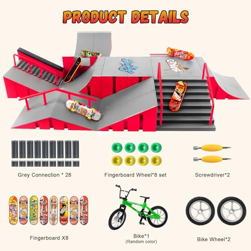 CS COSDDI Finger Skateboard Park Kits,14 in 1 Skateboard Finger Toys with 8 Finger Skateboards & 14 Skatepark Deck Ramp,Finger Bike for Boys or Girls Gift,Mini Finger Skateboards Ramp Accessories Set | Build custom skatepark layouts with 14 modular ramps,