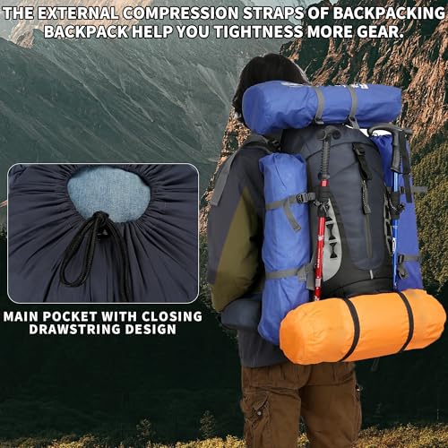 75L Hiking Backpack with Rain Cover Waterproof Camping Backpack Shoes Warehouse for Men Women, Frameless - color: Navy, size: 60L