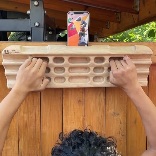 Hangboard Rock Climbing Hangboard with Jugs, Edges, Slopers, Pockets and Phone Hoder, Climbing Fingerboard Designed with Two Hooks for Rock Climbers