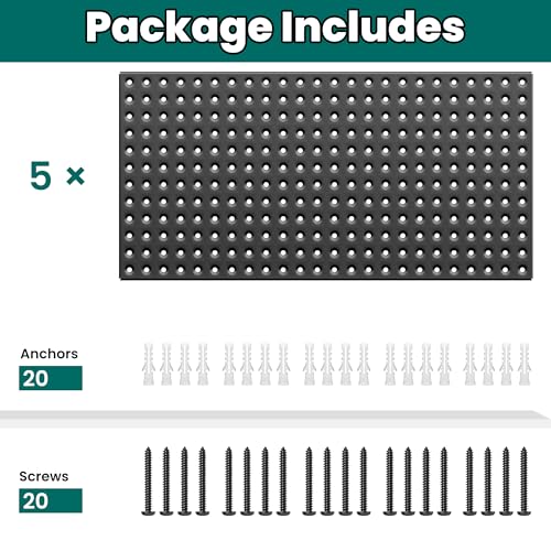 EVERHANGER Metal Pegboard Panels 24" x 12", Heavy Duty Steel Peg Boards for Garage, Pegboard Wall Organizer for Tool Storage and Organization, Black, 5 Pack - size: 5 Pack 24" x 12"