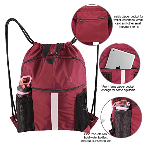 BeeGreen Drawstring Backpack Bag with Shoe Compartment, X-Large Black Gym Sports String Cinch Backpack - color: Wine Red