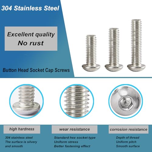 M6 x 40mm 45mm 50mm 55mm 60mm Button Head Socket Cap Screws Bolts, Stainless Steel 304, Metric Allen Hex Drive, Bright Finish, Fully Threaded, Assortment Kit 25PCS - size: Button M6x40-60 mm