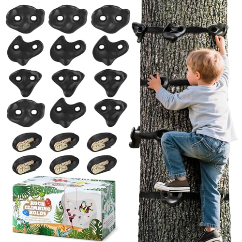 TOPNEW 12PCS Ninja Tree Climbing Holds and 6 Sturdy Ratchet Straps for Kids Tree Climbing, Large Climbing Rocks for Outdoor Ninja Warrior Obstacle Course Training - style: 12 Black Climbing Holds