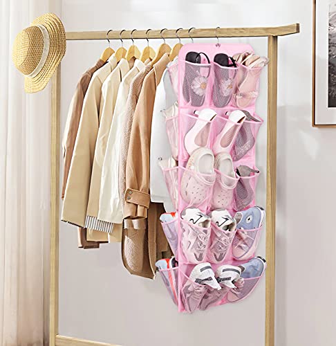MISSLO 30 Large Pockets Dual Sided Hanging Shoe Organizer for Closet with Rotating Hanger Hanging Shoe Shelves, Pink - color: Pink