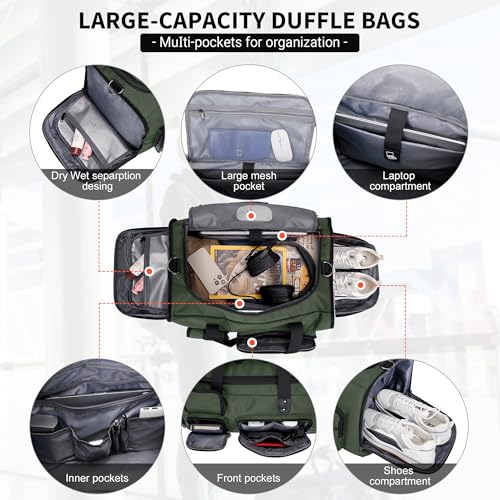 WITZMAN Duffle Bag for Men 3 in 1 Convertible 45L Nylon Gym Travel Backpack | Multi-pockets with Shoe Compartment and Dry-wet Pocket, One Duffel Bag for Sports, Weekender, Overnight, B693 Army Green - color: Army Green