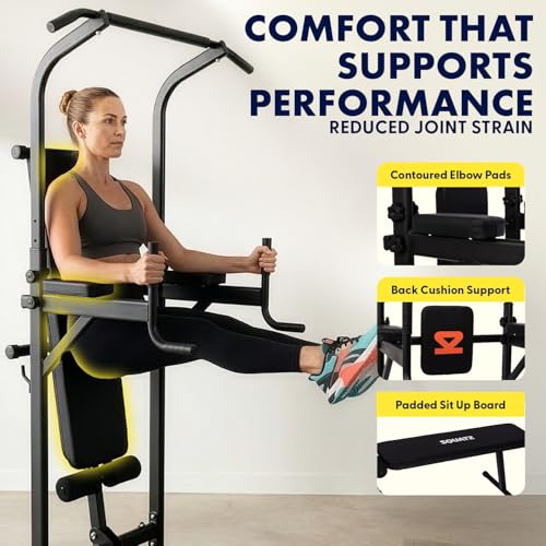 SQUATZ Pull-Up Dip Station - Your All-in-One Power Tower Gym and Chin-Up Bar Stand with Collapsible Bench for Home Exercise and Bench Press