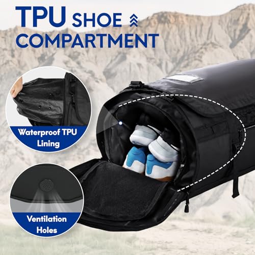 Haimont Heavy Duty Convertible Travel Duffel Backpack, Black, 60L | Shoe Compartment, Water-Resistant Tarpaulin, Wide U-Shaped Opening - color: Black, size: 60L