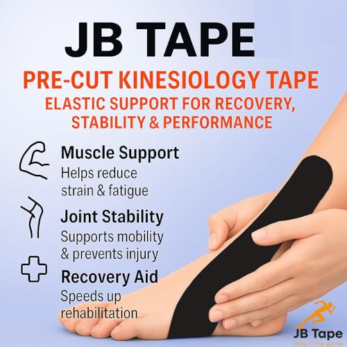 JB Tape Kinesiology Tape, Black, 80 Precut 10-Inch Strips, 4 Rolls | Elastic, Latex-Free, Water Resistant, Athletic Muscle & Joint Support - color: Black Jet