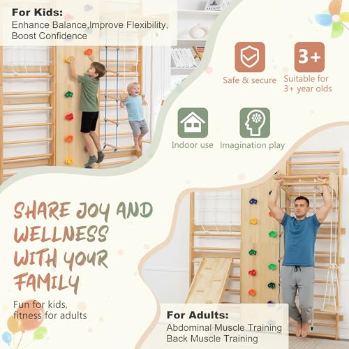 10-in-1 Swedish Ladder Indoor Jungle Gym for Kids Ages 3–12, 500 LBS Wooden Wall-Mounted Climbing Set with Slide, Swing, Rings, Monkey Bars – Montessori Play & Fitness Playground - size: 10-in-1