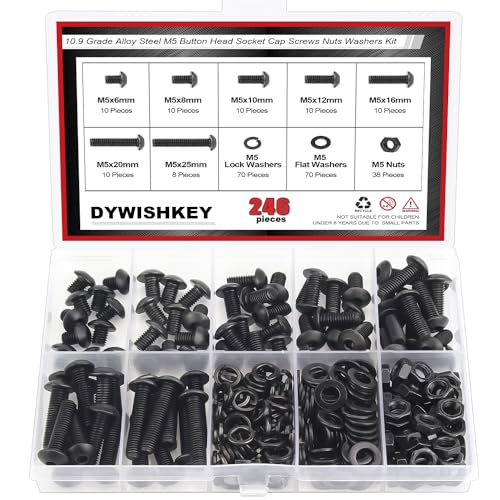 DYWISHKEY 246 Pieces M5 Black Screws, 10.9 Grade Alloy Steel M5x 6/8 /10/12 /16/20 /25mm Button Head Socket Cap Screws Bolts Nuts Washers Assortment Kit - size: M5, style: Button Head Socket Cap