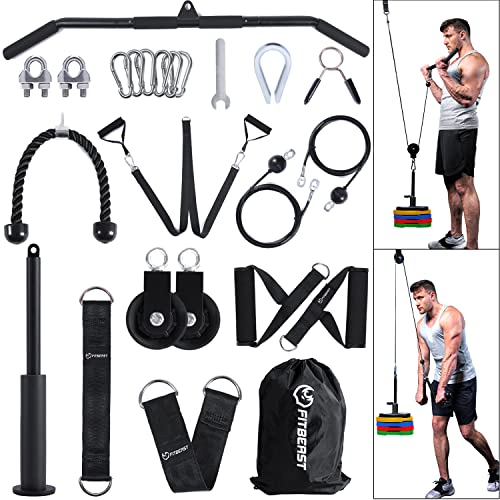 FitBeast Pulley System Gym, Cable Weight Pulley System for Gym LAT Pulldown, Biceps Curl Workout, Ideal Home Gym Equipment for Forearm, Shoulder, Strength Training - style: Set with Multi-functional Bar