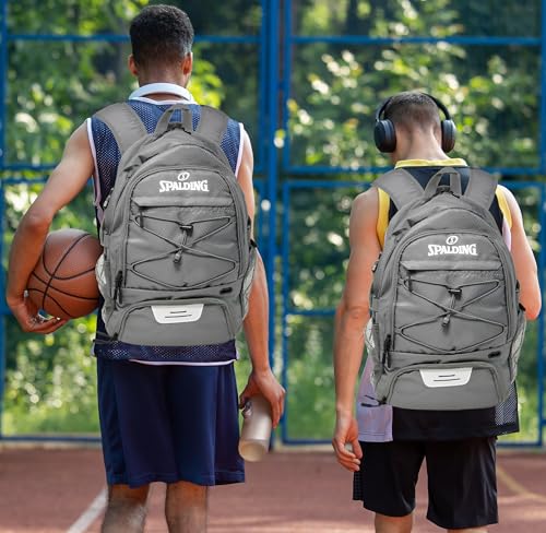 Spalding Basketball Backpack Sports Bag | Large Black Backpack with Shoe and Ball Compartment | Gifts for Basketball Players - color: Grey