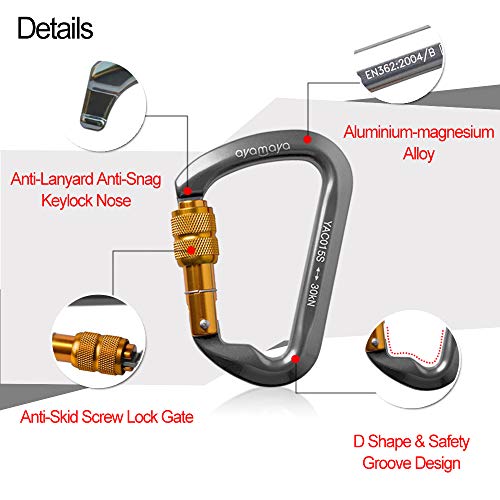 Ayamaya Climbing Carabiners - 3 Pack Screwgate Locking Carabiner 30KN (6744 lbs) Heavy Duty Gears for Rock Climbing, Rappelling, Swing Rescue & Gym, Large D-Shaped Carabiners - color: Grey