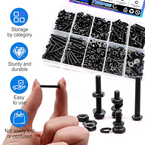 mxuteuk 720PCS M3 Screws Assortment Kit,6/8/10/12/16/20mm M3 Metric Screw,10.9 Grade Alloy Steel Metric Hex Button Head Cap Screws Nuts and Flat Washers for 3D Printing - size: 720PCS M3, style: Hex Socket Button Head