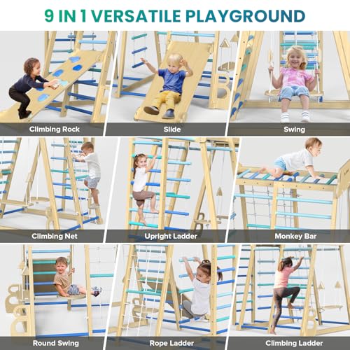 Upgraded Indoor Jungle Gym 9-in-1 Playground Kids Climbing Toys | Waldorf Style Wooden Climber Playset with Slide, Swing, Monkey Bars, Upright/Rope Ladder, Climb Net, Blue - color: Blue