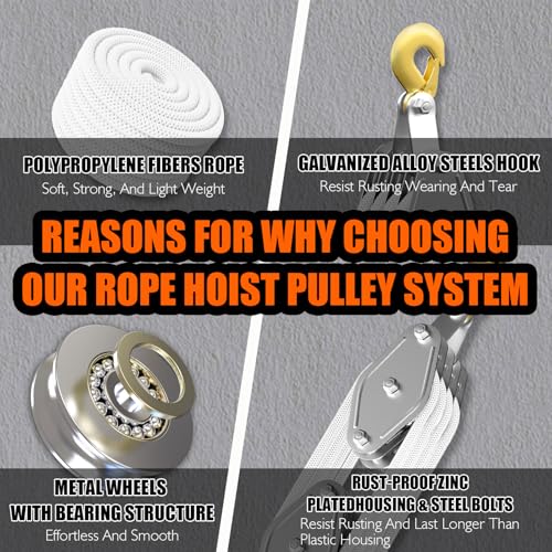 YATOINTO Rope Pulley Hoist 4400 LB, 8:1 Power Pulley Block and Tackle System, Pulley Block 65ft, Rope Hoist for Garage Warehouse Constructions with 1 Swing Hanger 2 Screws 2 Expansion Bolts - color: White, size: UPGRADED-4wheels+swing hanger
