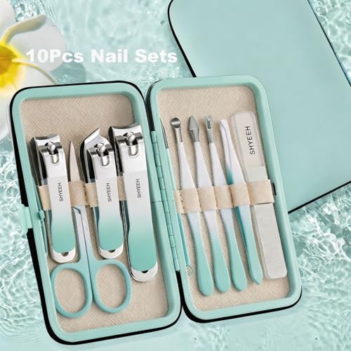 Manicure Set, 10 pcs High-Carbon Steel Nail Clippers Set, Portable Mini Manicure and Pedicure Kit, Travel Grooming Nail Kit with Leather Bag for Men and Women - color: AquaBlue