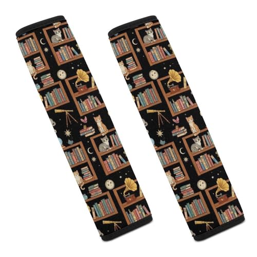 Universal Soft and Comfortable Seat Belt Cover for Adult Use, Stroller Pushchair High Chair, 2 Pack Aesthetic Bookshelf Cat Shoulder Harness Cover - color: Pattern 201