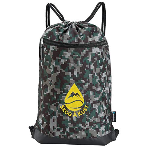 Skog Å Kust GymSak | Patented 2-in-1 Drawstring Cinch Bag with Removable Waterproof Dry Bag | Camo & Yellow - color: Digicamo