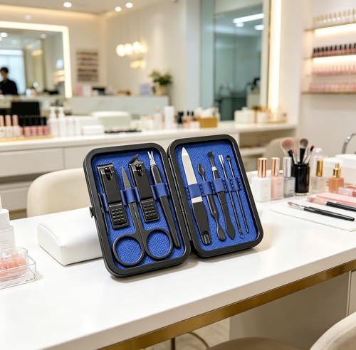 Luxury 9-in-1 Professional Manicure Set - Premium Stainless Steel Nail Clippers & Grooming Kit with Elegant Leather Travel Case for Ultimate Hand, Foot & Facial Care - Blue - color: Blue, size: 9PCS
