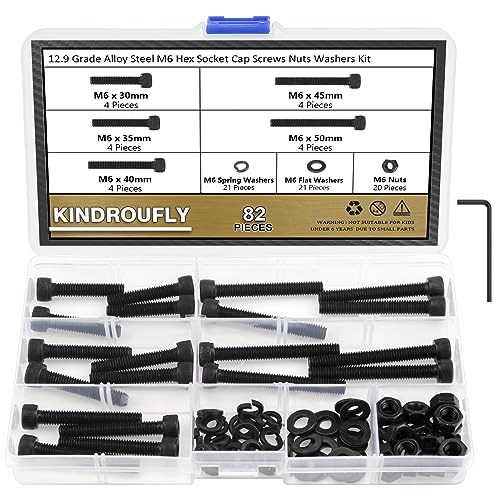 82 Pieces Black M6 x 30/35 /40/45 /50 mm Hex Socket Head Cap Screws Nuts Washers Assortment Kit, 12.9 Grade Alloy Steel - size: M6 x 30/35/40/45/50mm, style: Socket Head