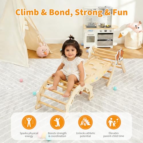 Takywep Pikler Triangle Set, 7-in-1 Foldable Pikler Triangle Climbing Toys Set with Arch & Ramp & Ladder, Indoor Playground Gym, Wooden Montessor Climbing Set for Kids Toddler - color: Brown-dog