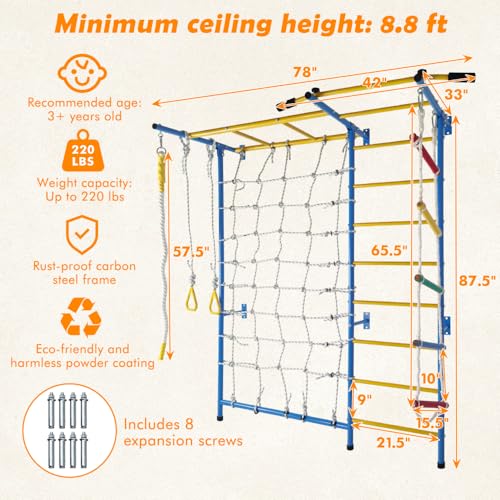Wall-Mounted Indoor Fitness Station with Pull-Up Bar, Rope Ladder, Monkey Bars, Climbing Wall, Gymnastic Rings and Wall Ladder