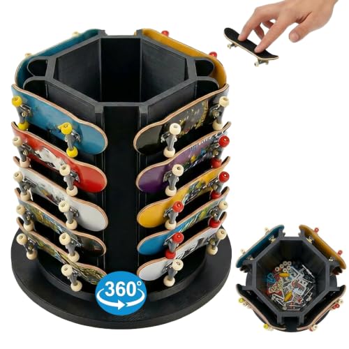 Fingerboard Display Rack Holder,360° Rotating,Pro Finger Skateboard Organizer for 20 Decks and Accessories,with Center Storage,Desktop Storage Tower for Fingerboard and Mini Collectibles,Heavy Duty
