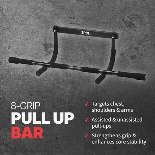 SPRI Pull Up Bar - 8-Grip and 12-Grip Door Frame Mounting Pull-Up Bar for Versatile Workouts - Rugged Steel Frame with Foam Handles - Supports 300 Pounds - Fits Door Frames Up to 32 in. Wide – Black - size: 8 Grip