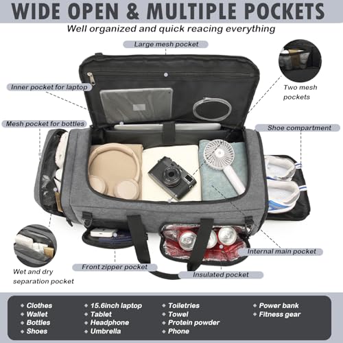 50L Tactical Gym Bag for Men and Women with Shoe & Laptop Compartment | Extra Large Duffle Bag, 3-in-1 Travel Sports Duffel Bags MOLLE Weekender Overnight Bag for Gym, Travel, Black + Gray - color: Black + Gray