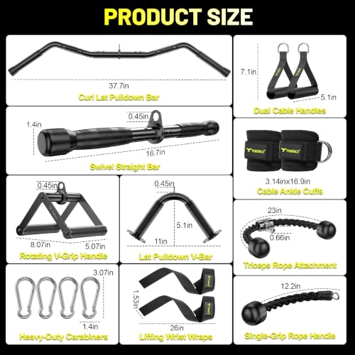 Cable Attachments for Gym, LAT Pulldown & Cable Machine Attachment Set: V-Shaped Bar, Rotating Straight Bar, V Rotation Handle, Nylon Tricep Rope, Ankle Straps & Handles, Home Gym - size: Long Bar Set