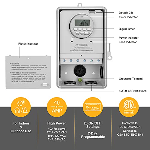 SURAIELEC Digital Pool Timer, 40Amp 2HP, 120/240/277VAC, 24-Hour Display | 7-Day Programmable Digital Timer Switch, Outdoor Indoor Timer Box for Pool Pump, Water Heater, Lights, Powerful Appliances - style: 120-277VAC 1-2HP