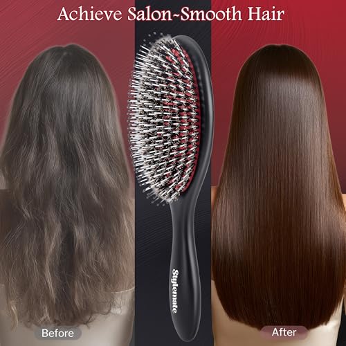 STYLEMATE Boar Bristle Hair Brush for Women Men, Stiff Nylon Pins and Natural Soft Boar Bristles for Thick & Fine Hair,Not waterproof - Large Paddle Smoothing Hairbrush for Detangling, Defining, Shine