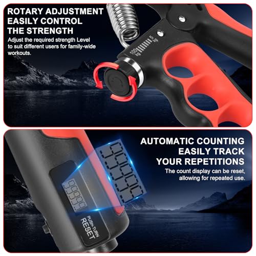 Keria Adjustable Hand Grip Strengthener(11-220Lbs), Grip Strength Trainer with Auto-Click Digital Counter, Ergonomic Forearm Trainer for Athletes, Musicians, Physical Therapy