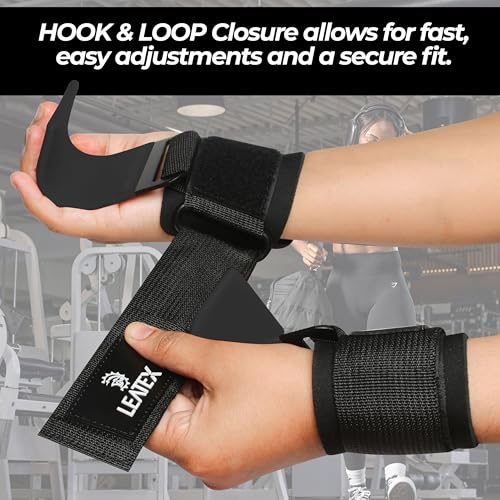 Weight Lifting Hooks (Pair) for Deadlifts, Pull Ups, Rows & Shrugs - Anti-Rip Nylon Strap Hand Grips with Thick Wrist Padding - Heavy Duty Wrist Straps for Weightlifting & Gym Workouts - color: Black