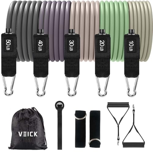 VEICK 10-150LBS Resistance Bands with Handles, Ankle Straps, Door Anchor | Accredited Lab Certified, 100% Natural Latex, Versatile for Yoga, Pilates, Strength, Home Gym - color: Green Purple, style: 10-150LBS