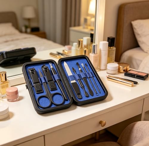 Luxury 9-in-1 Professional Manicure Set - Premium Stainless Steel Nail Clippers & Grooming Kit with Elegant Leather Travel Case for Ultimate Hand, Foot & Facial Care - Blue - color: Blue, size: 9PCS
