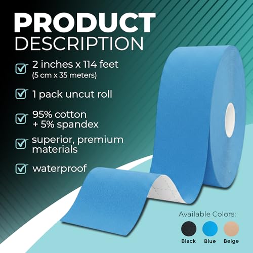 Kinesiology Tape Bulk Roll 114ft - Athletic Sports Tape, Blue | Elastic Waterproof, Athletic Support & Joint Protection, Uncut for Wrist, Knee, Shoulder, Back, Foot, Skin-Friendly - color: Blue