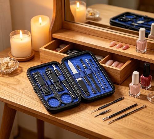 Luxury 9-in-1 Professional Manicure Set - Premium Stainless Steel Nail Clippers & Grooming Kit with Elegant Leather Travel Case for Ultimate Hand, Foot & Facial Care - Blue - color: Blue, size: 9PCS