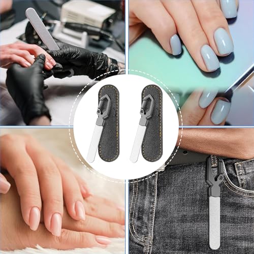 Metal Nail File with Keychain Handle, Stainless Steel Double-Sided Grit Fingernail File with Leather Case, Portable Nail Filer for Home, Travel & Gift Use - size: 2 Pack 3.6 in Gunmetal Keychain