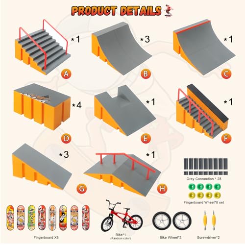 CS COSDDI Finger Skateboard Park Kit, 14 in 1 Skate Park Set with 8 Fingerboards, 14 Ramps, Half Pipe & Finger Bike, Mini Skate Toy for Kids & Adults,Yellow - color: Style -1810-12c