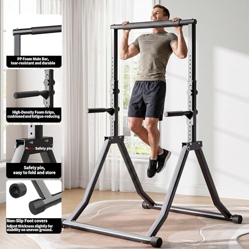 Foldable Pull Up Bar Station 66.1''-84.6'' Power Tower - color: 66"-85" with Dual Dip Handles