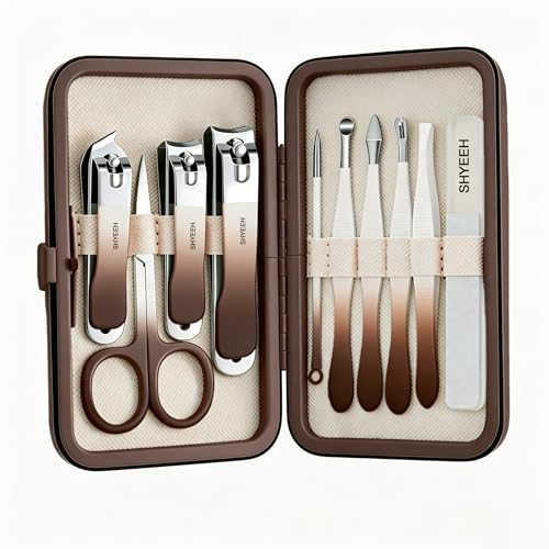 Manicure Set, 10 pcs High-Carbon Steel Nail Clippers Set, Portable Mini Manicure and Pedicure Kit, Travel Grooming Nail Kit with Leather Bag for Men and Women - color: Brown