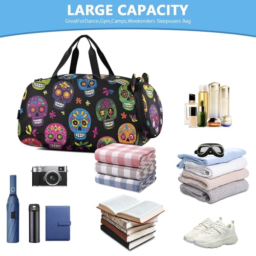 Kids Sports Duffel Bag for Boys & Girls - Day Of The Dead Sugar Skull 100% Polyester Gym Bag with Separate Shoe Compartment, Adjustable Shoulder Strap, Compact Travel & Workout Gear Bag - color: Day Of The Dead Sugar Skull