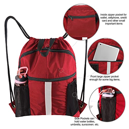 BeeGreen Drawstring Backpack Bag with Shoe Compartment, X-Large Black Gym Sports String Cinch Backpack - color: Red